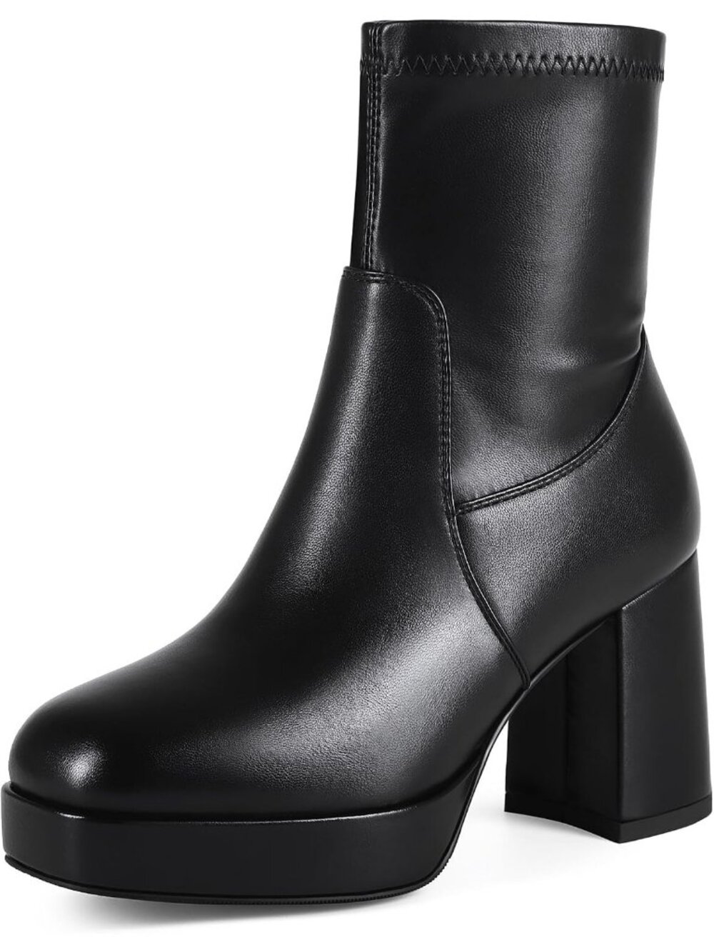 Women's Black Pu Chunky Ankle Boots Square Toe Heel Side Zipper Non-Slip Boots